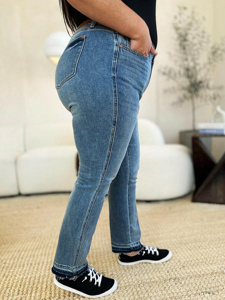 Judy Blue Full Size Mid Rise Rigid Magic Boyfriend Release Hem Jeans | Sleekdenim.com