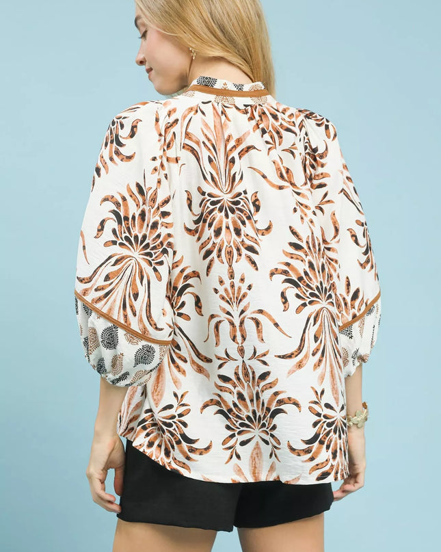 Umgee Mix Floral Print Balloon Sleeve Blouse - Sleekdenim.com