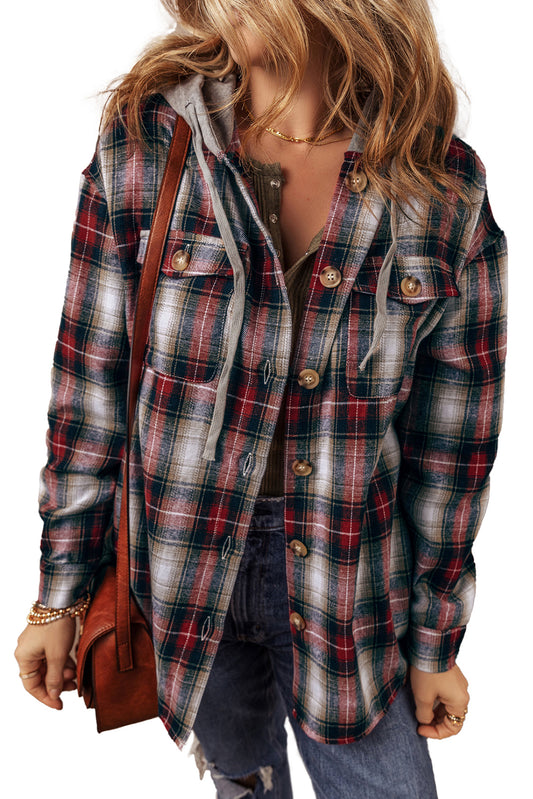 Red Plaid Print Chest Pocket Button Hooded Shacket - Sleekdenim.com