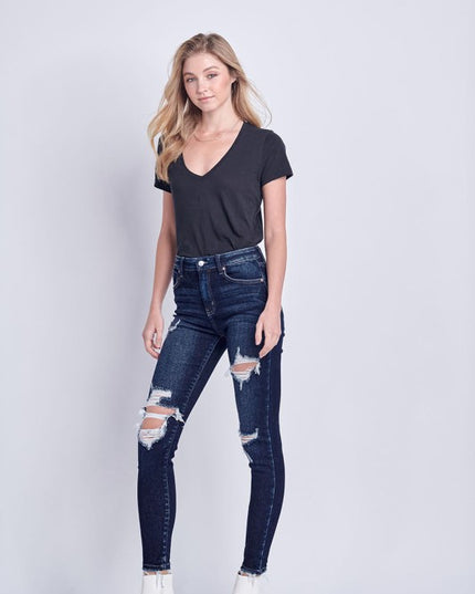 AT5003D HIGH RISE DISTRESSED ANKLE SKINNY JEANS - Sleekdenim.com