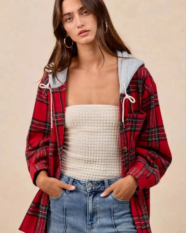 BiBi Brushed Plaid Hooded Jacket - Sleekdenim.com