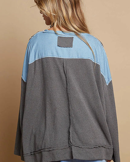 POL Exposed Seam Relaxed Fit Sweater with Star Denim Patch - Sleekdenim.com