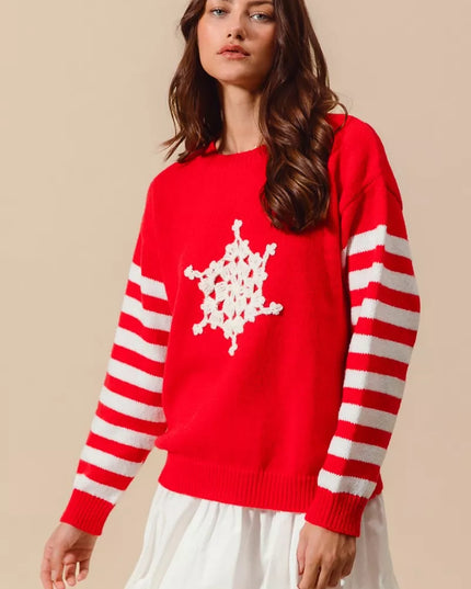 SO ME Christmas Snowflake Crochet Embellished Sweater - Sleekdenim.com