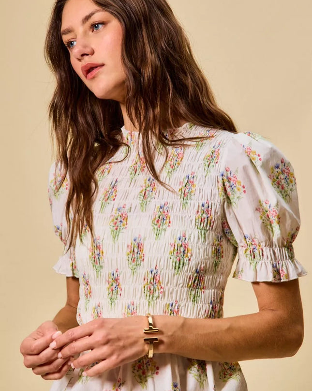 SO ME Floral Cotton Smocked Short Sleeves Blouse - Sleekdenim.com