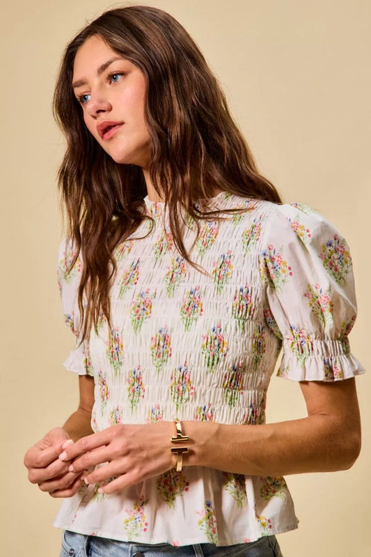 SO ME Floral Cotton Smocked Short Sleeves Blouse - Sleekdenim.com