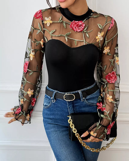 Floral Embroidered Mesh Long Sleeve Bodysuit - Sleekdenim.com