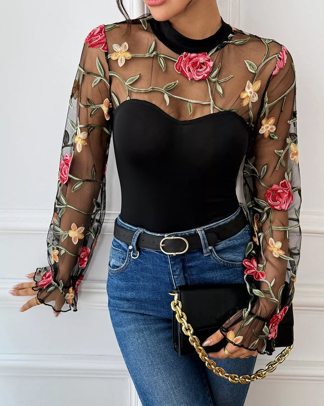 Floral Embroidered Mesh Long Sleeve Bodysuit - Sleekdenim.com