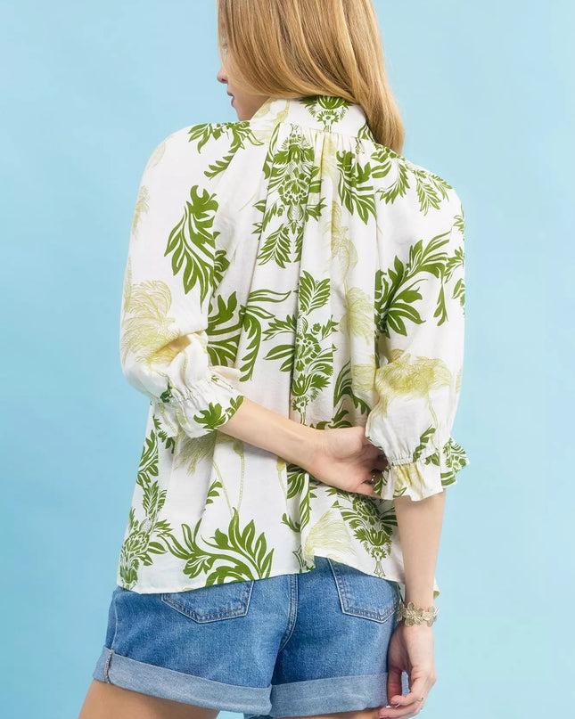 Umgee Leafy Damask Print Blouse with Contrast Scalloped Trim Detail - Sleekdenim.com
