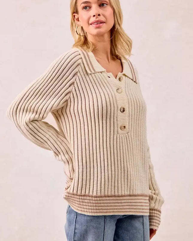 BiBi Half Button Ribbed Two Tone Sweater - Sleekdenim.com