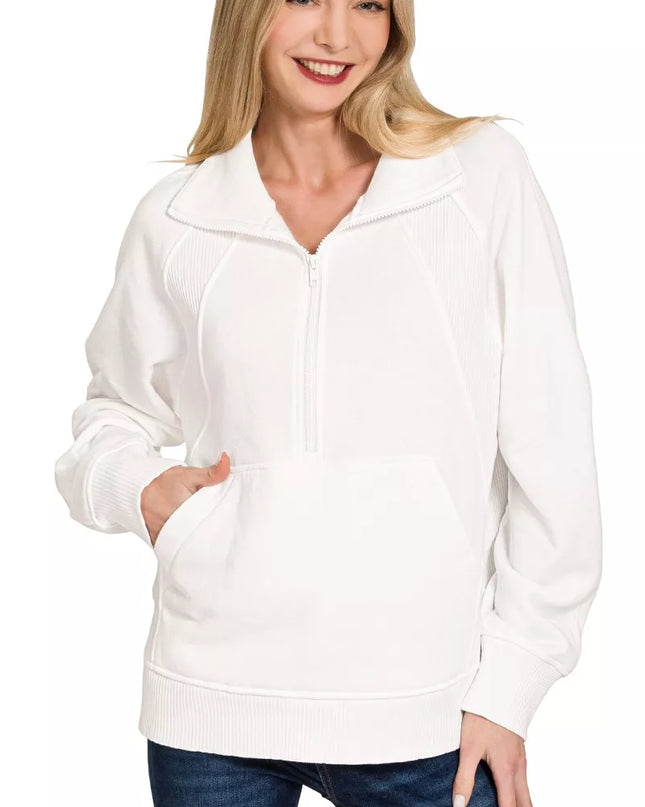 Zenana Half Zip Fleece Sweatshirt with kangaroo Pocket - Sleekdenim.com