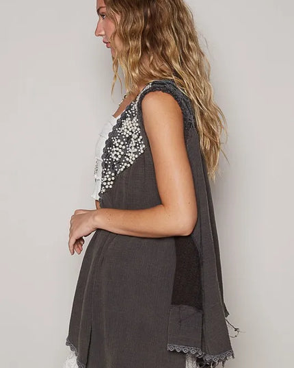 POL Embroidered Pearls Open Front Sleeveless Cardigan - Sleekdenim.com