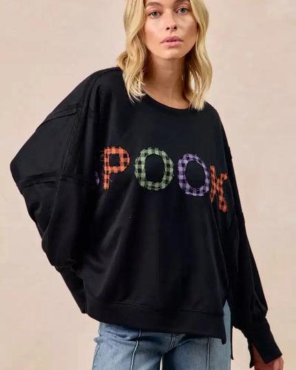 BiBi Spook Plaid Letter Print Oversized Sweatshirt - Sleekdenim.com