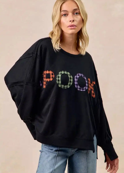 BiBi Spook Plaid Letter Print Oversized Sweatshirt - Sleekdenim.com