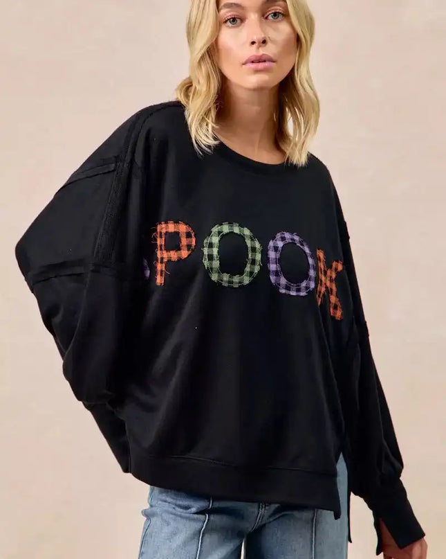 BiBi Spook Plaid Letter Print Oversized Sweatshirt - Sleekdenim.com