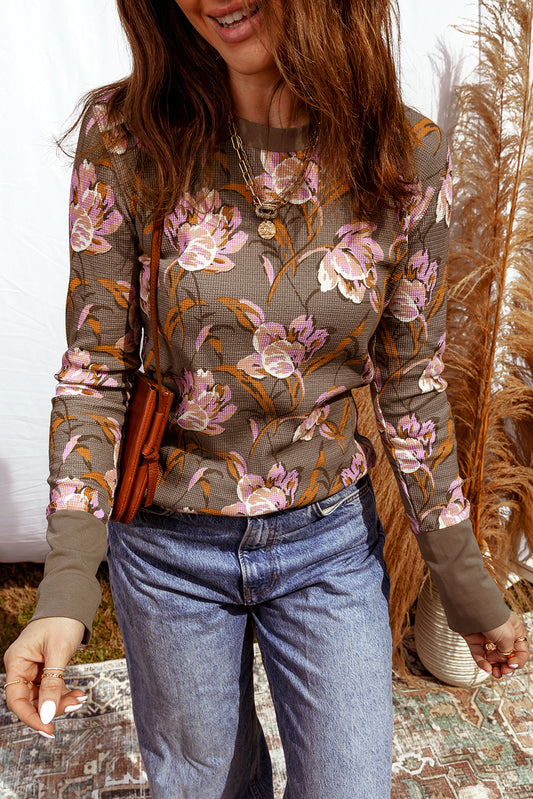 Brown Floral Print Waffle Textured Long Sleeve Top - 5