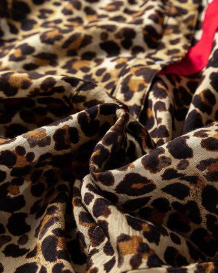 Leopard Contrast Ruffle Trim Buttoned V-Neck Shirt - Sleekdenim.com