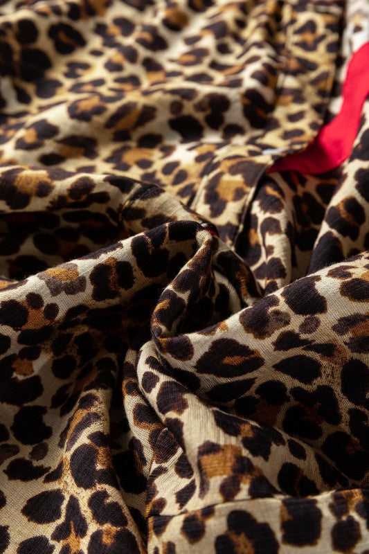 Leopard Contrast Ruffle Trim Buttoned V-Neck Shirt - Sleekdenim.com