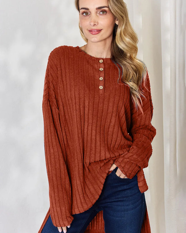 Basic Bae Full Size Ribbed Half Button Long Sleeve High-Low T-Shirt - Sleekdenim.com