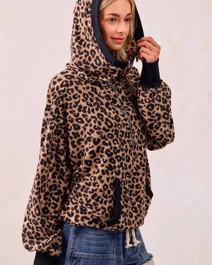 BiBi Leopard Print Waffle Half Zip Up Hoodie W Pocket - Sleekdenim.com