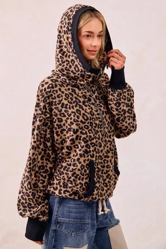 BiBi Leopard Print Waffle Half Zip Up Hoodie W Pocket