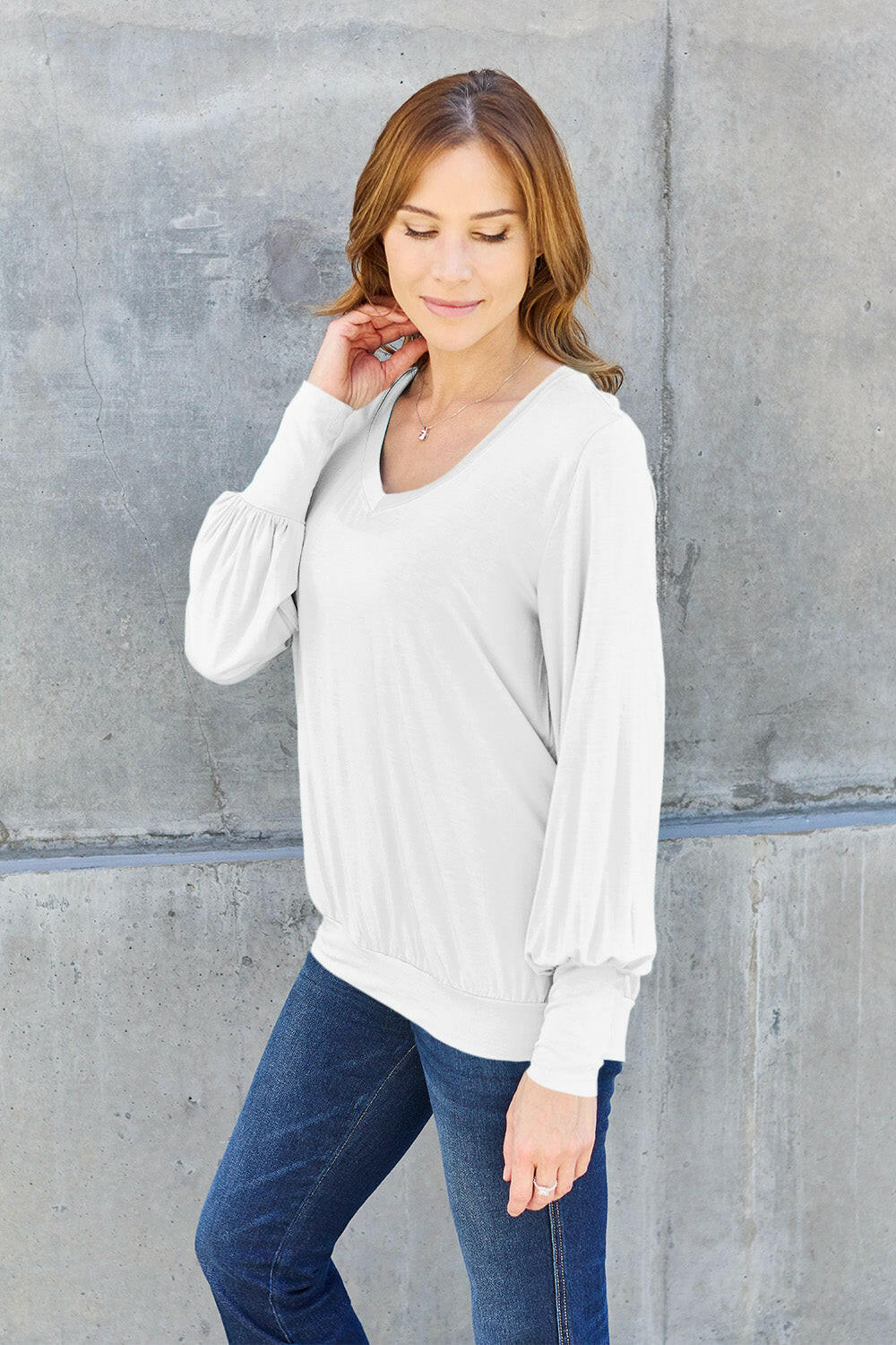 Basic Bae Full Size V-Neck Lantern Sleeve Top White