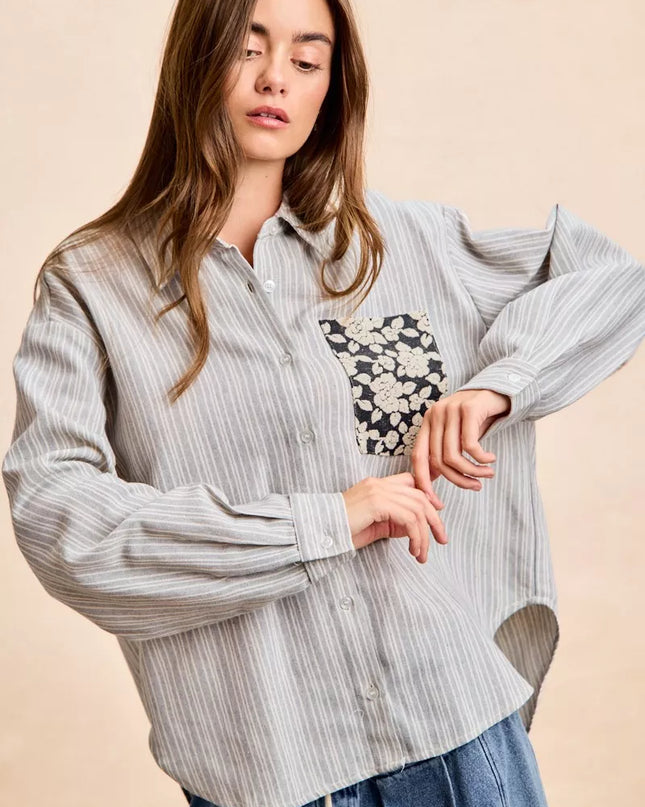 BiBi Flower Jacquard Knit Patch Pocket Stripe Shirt - Sleekdenim.com