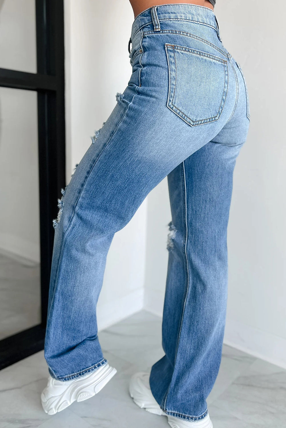 Myosotis Mid Rise Distressed Straight Leg Jeans - Sleekdenim.com