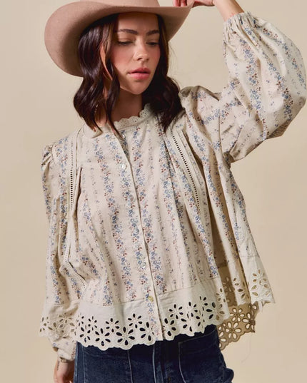 SO ME Floral Print Lace Button Down Shirt - Sleekdenim.com