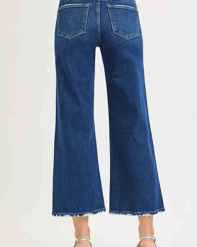 RISEN Tummy Control 4 Way Stretch High Rise Crop Wide Leg Jeans - Sleekdenim.com