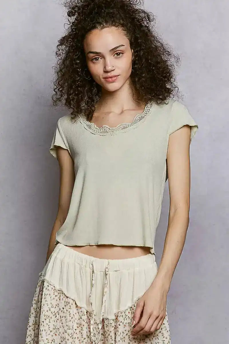 POL Round Neck Short Sleeve Crop T-Shirt with Lace Trim - Sleekdenim.com