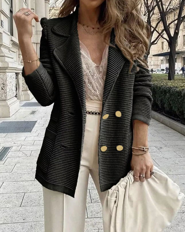 Texture Knit Double-Breasted Blazer - Sleekdenim.com