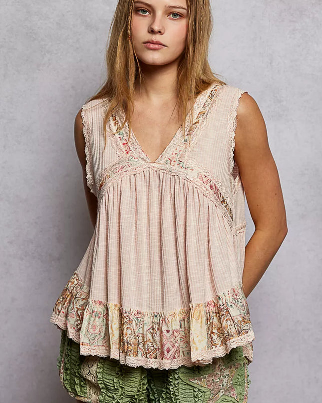 POL Lace Detail Ruffled Ribbed Sleeveless Top with Floral Pattern Trim Detail - Sleekdenim.com