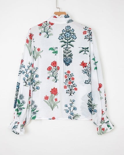 Floral Frilled V-Neck Long Sleeve Buttoned Shirt - Sleekdenim.com