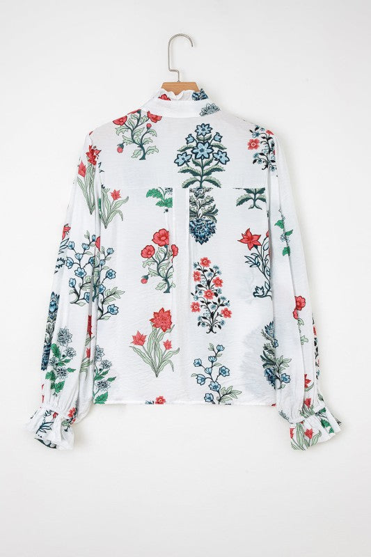 Floral Frilled V-Neck Long Sleeve Buttoned Shirt - Sleekdenim.com