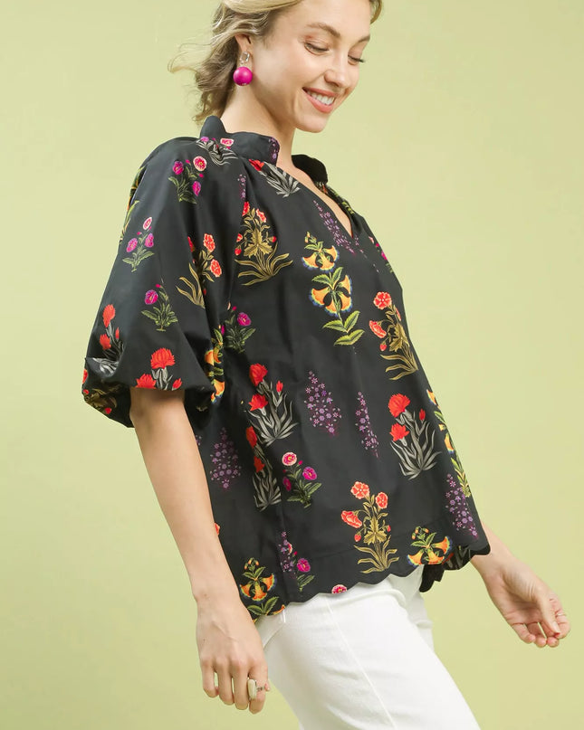Umgee Floral Print Puff Sleeve Scallop Hem Blouse - Sleekdenim.com