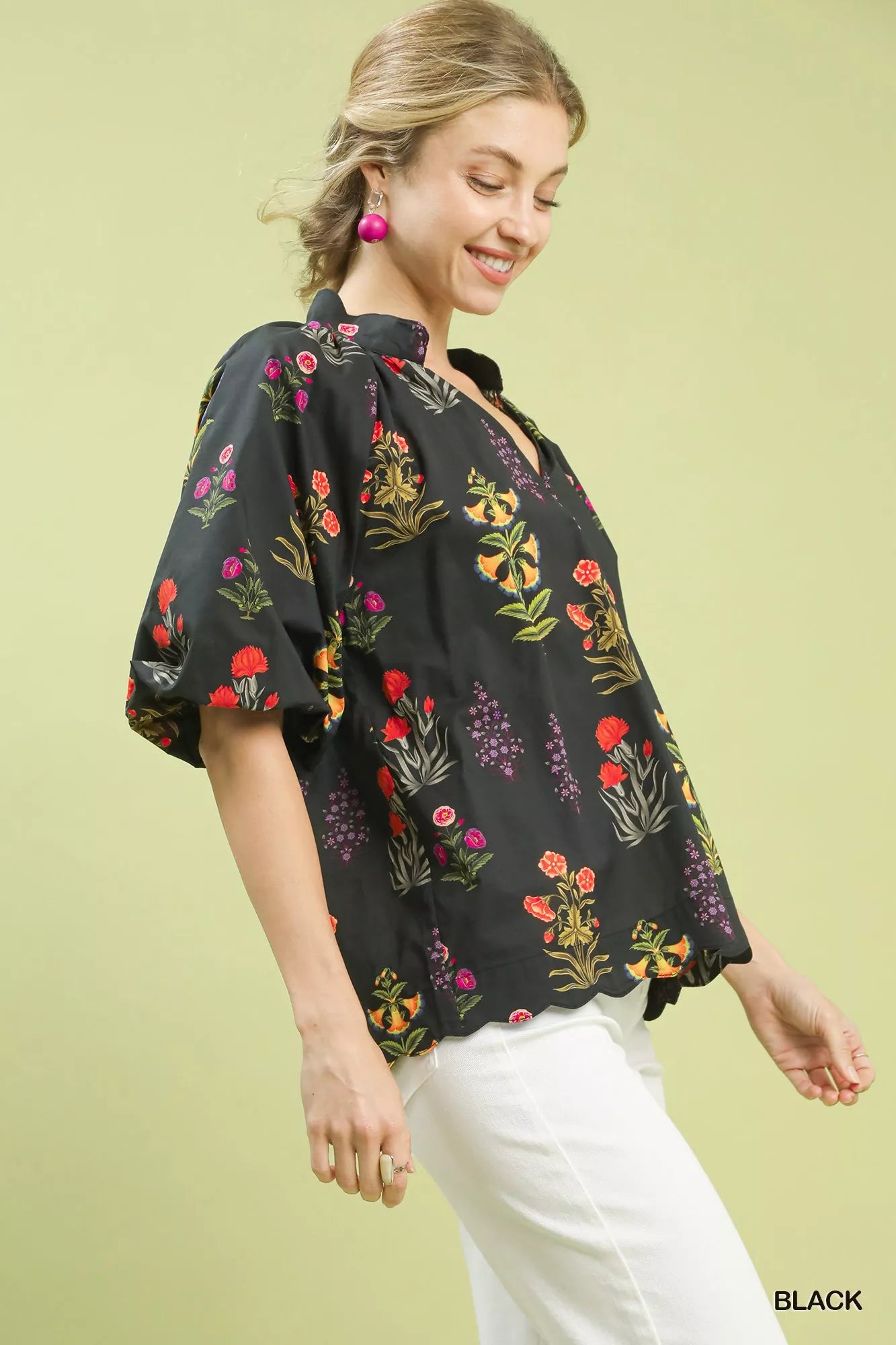 Umgee Floral Print Puff Sleeve Scallop Hem Blouse - Sleekdenim.com