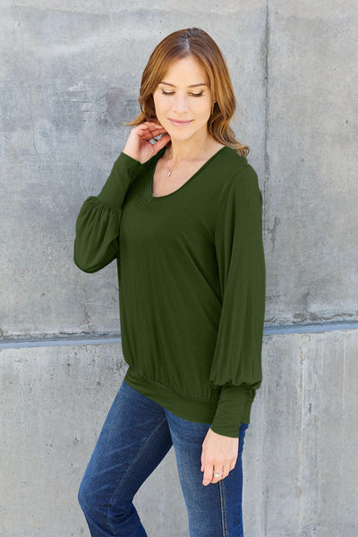 Basic Bae Full Size V-Neck Lantern Sleeve Top Army Green