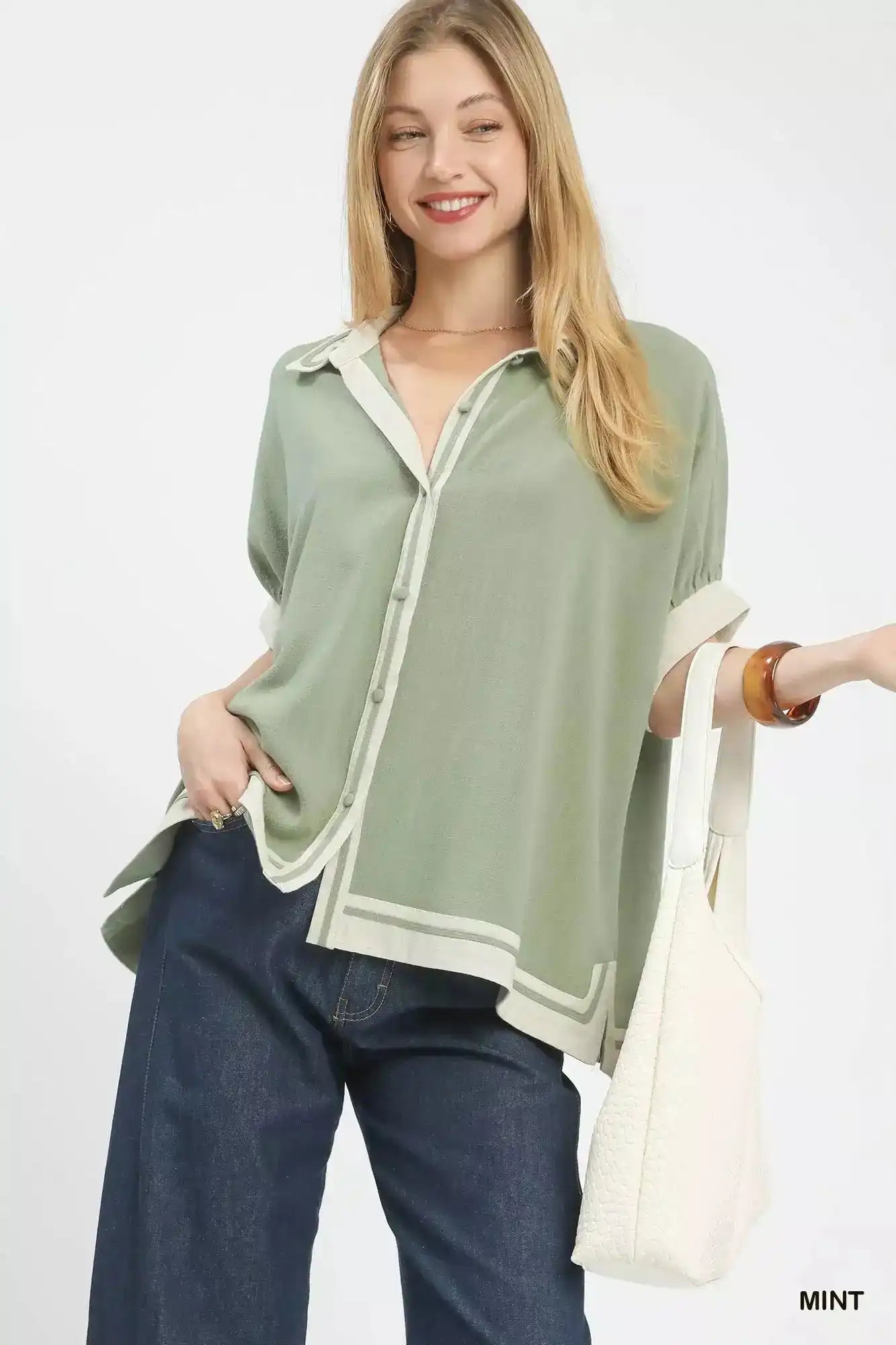 Umgee Linen Button Front Top with Contrast Piping - Sleekdenim.com