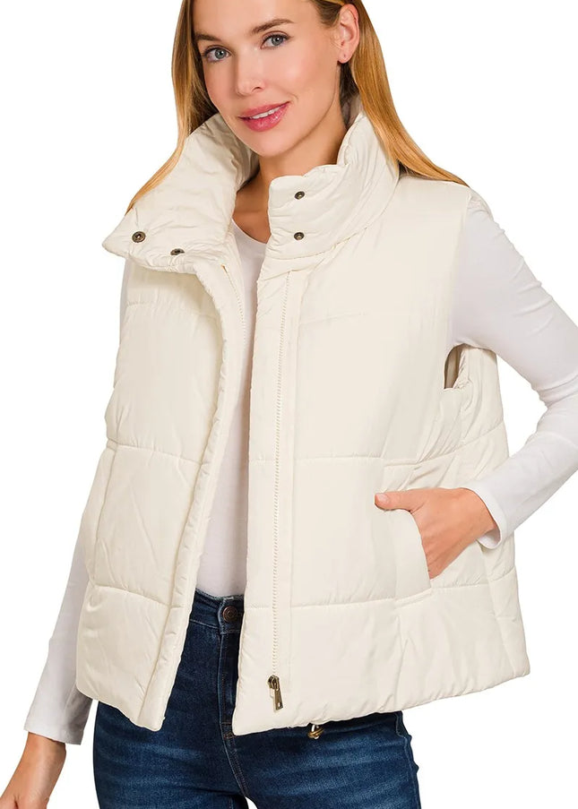 Zenana High Neck Zip-Up Vest Coat - Sleekdenim.com