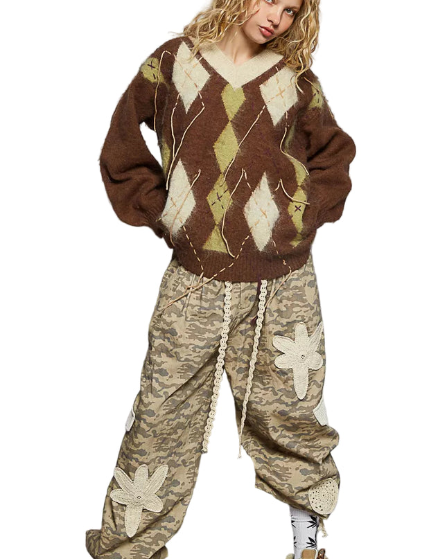 POL V-Neck Argyle Pattern Mohair Sweater with Contrast Exposed Stitch Detail - Sleekdenim.com