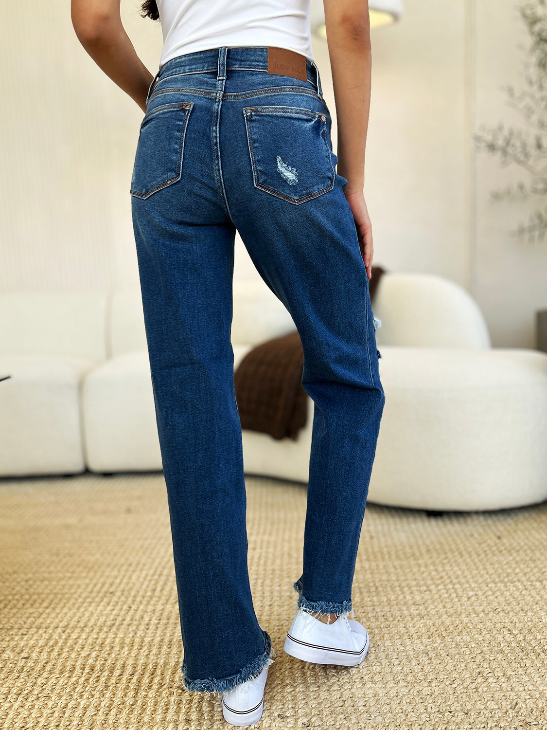 Judy Blue Full Size Mid Rise Distressed Raw Hem Dad Jeans