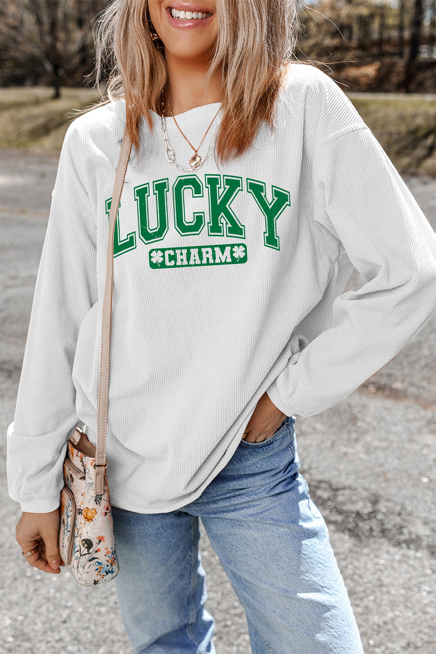 White LUCKY CHARM Graphic Corded Sweatshirt - Main View