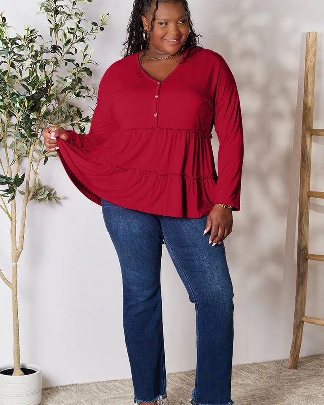 Double Take Half Button Long Sleeve Ruffle Hem Blouse - Sleekdenim.com