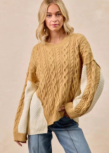 BiBi Cable Knit With Hacci Combo Sweater With Uneven Hem Detail - Sleekdenim.com