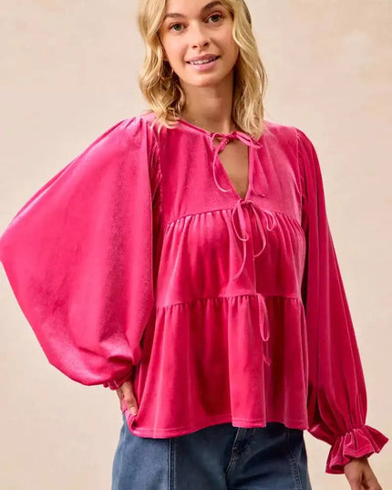 BiBi Christmas Theme Velvet Bow Tied Blouse - Sleekdenim.com