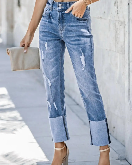 High Waist Distressed Straight Leg Jeans - Sleekdenim.com