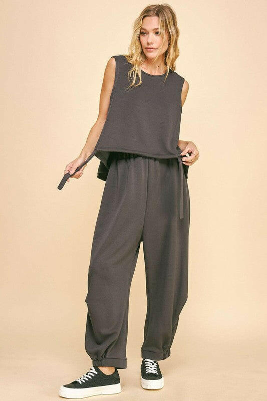 Davi & Dani Drawstring Hem Round Neck Tank and Pants Set Charcoal