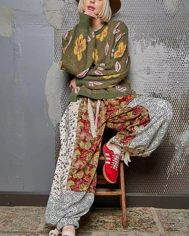 POL Floral Pattern Round Neck Balloon Sleeve Sweater - Sleekdenim.com