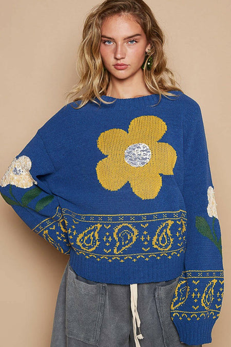 POL Flower Lace Patch Long Sleeve Sweater | Sleekdenim.com