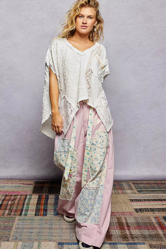 POL Asymmetrical V-Neck Short Sleeve Lace Top - 6